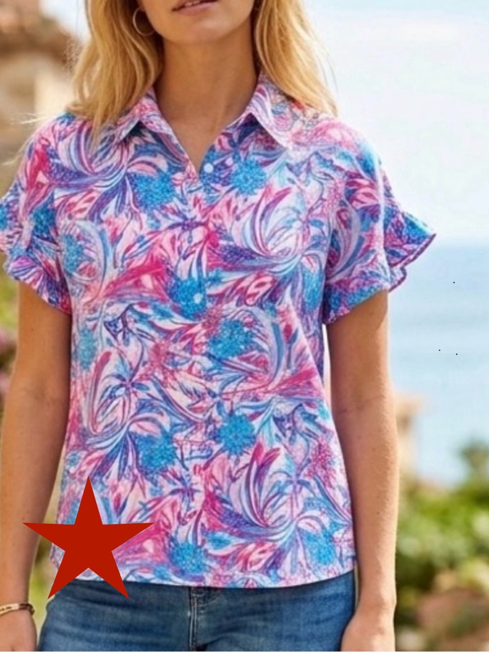 Floral Button-Down Short Sleeve Shirt in Pink & Blue - Women